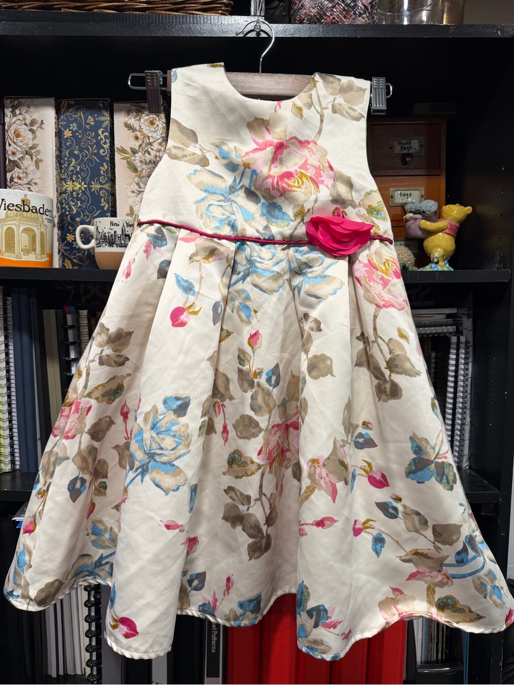 Cream Floral Fit-and-Flare Dress with Pink Accent for Girls